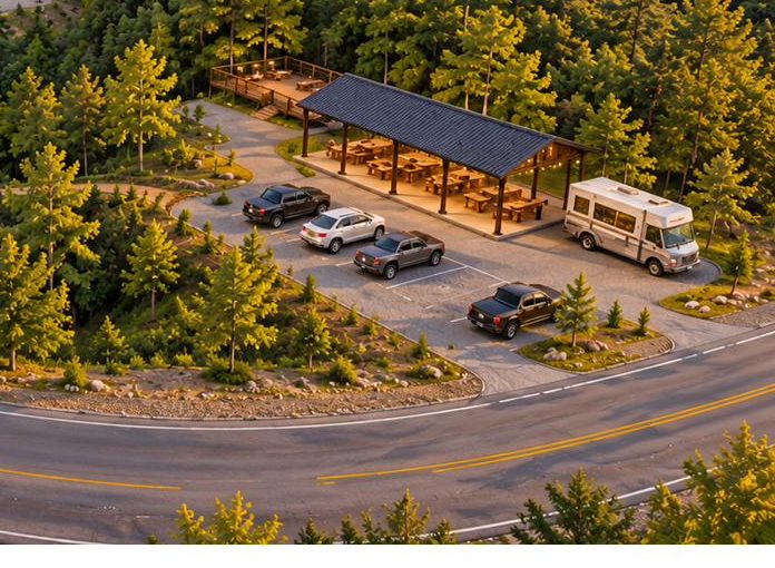 Concept rendering of a roadside gravel parking area with a covered pavilion