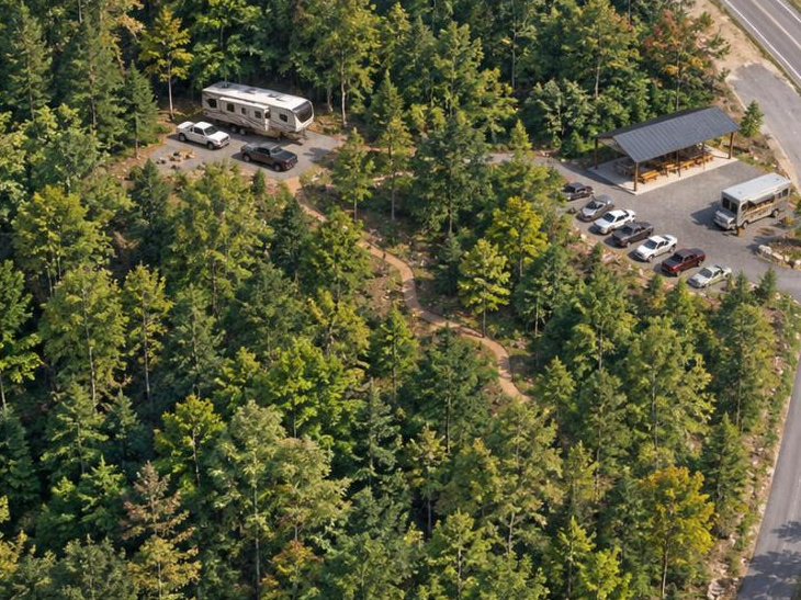 Concept rendering from above showing a camper on a graded pad, a parking area with pavilion, and an access road