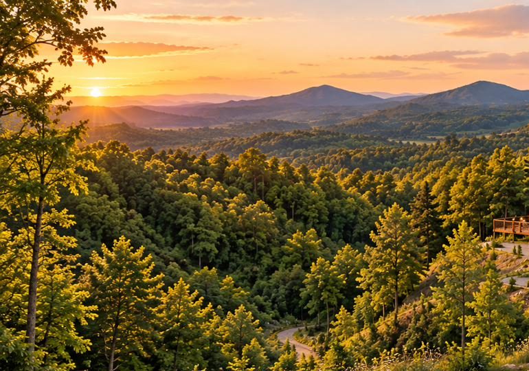 Wooded mountain land at sunset with ridgelines in the distance